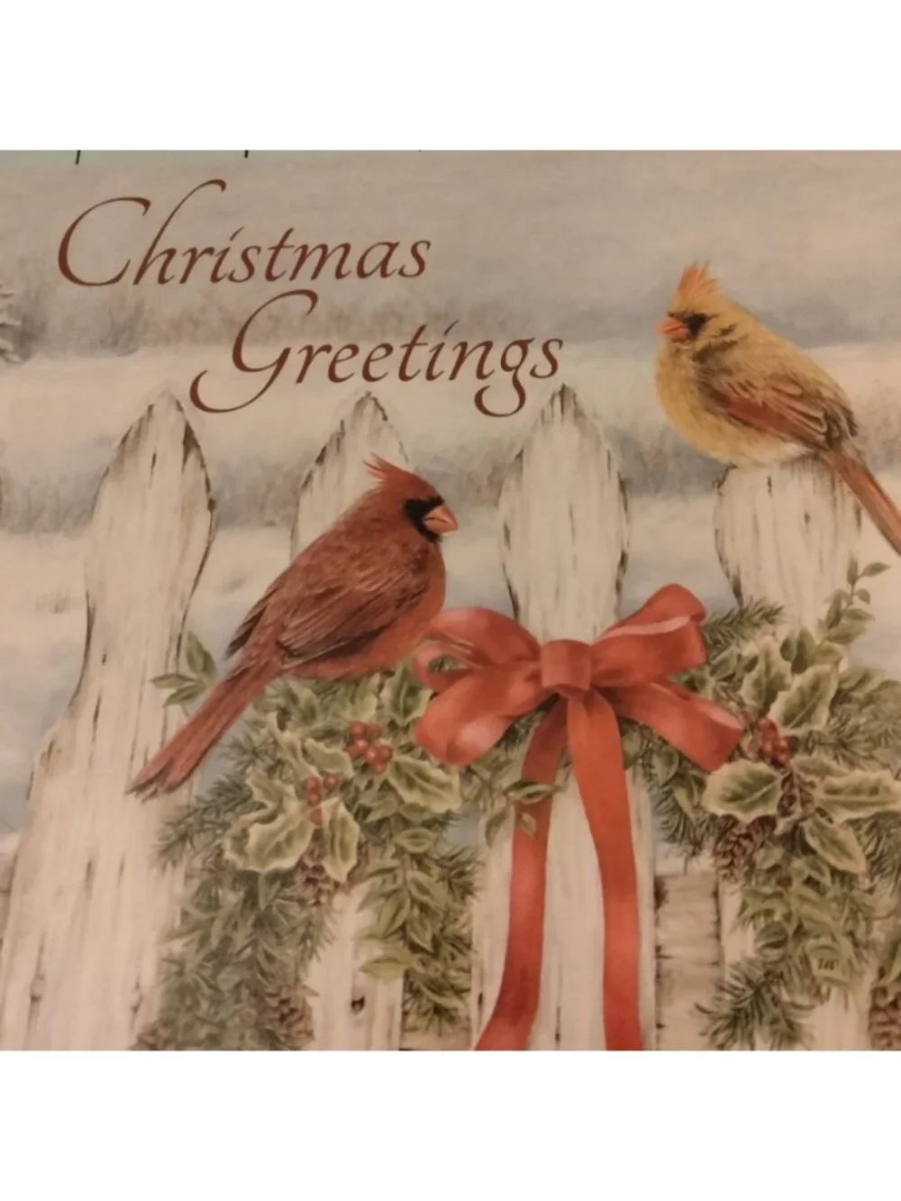 Christmas Greeting Card Cardinals Wreath Peace Country June Shasky